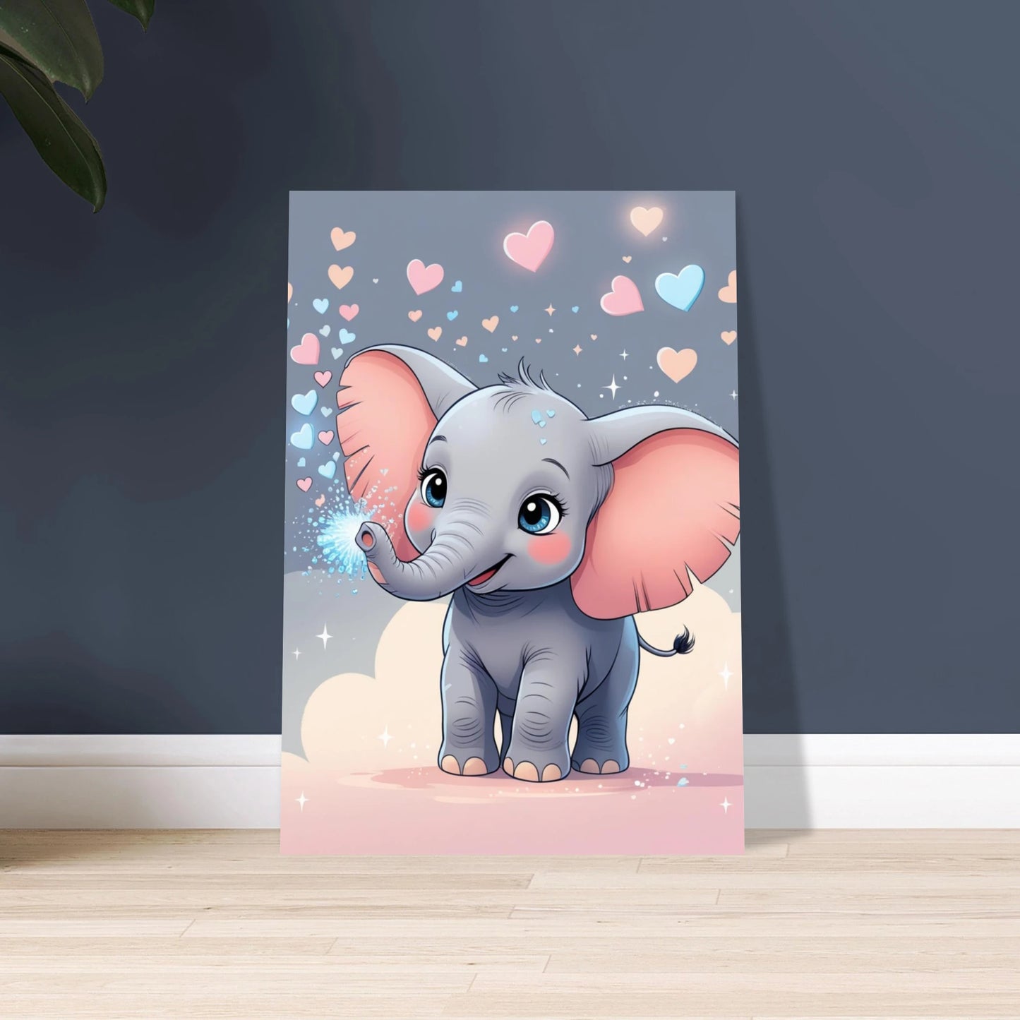 Söt baby-elefant med stora öron som sprutar magiskt vatten, omgiven av hjärtan.