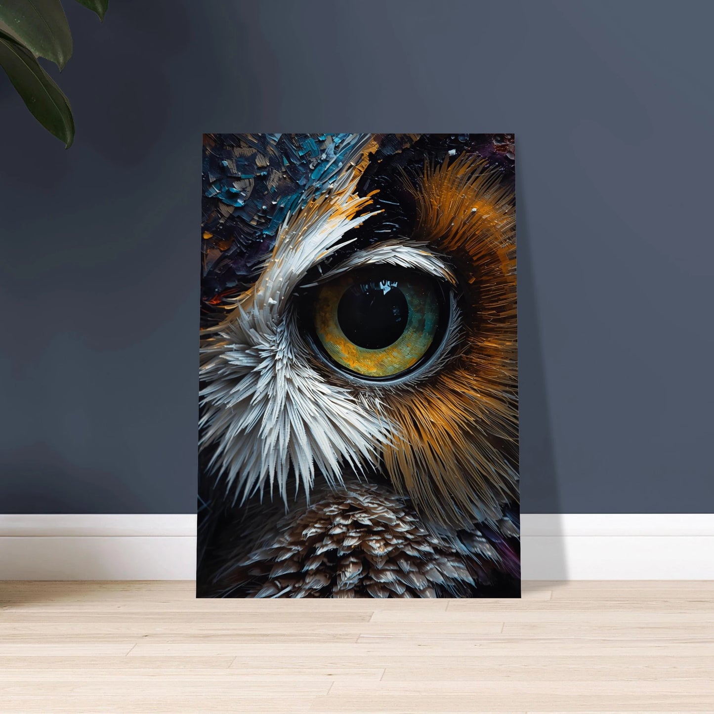 Ugglans öga i tjock impasto oljemålning, mystisk och detaljerad