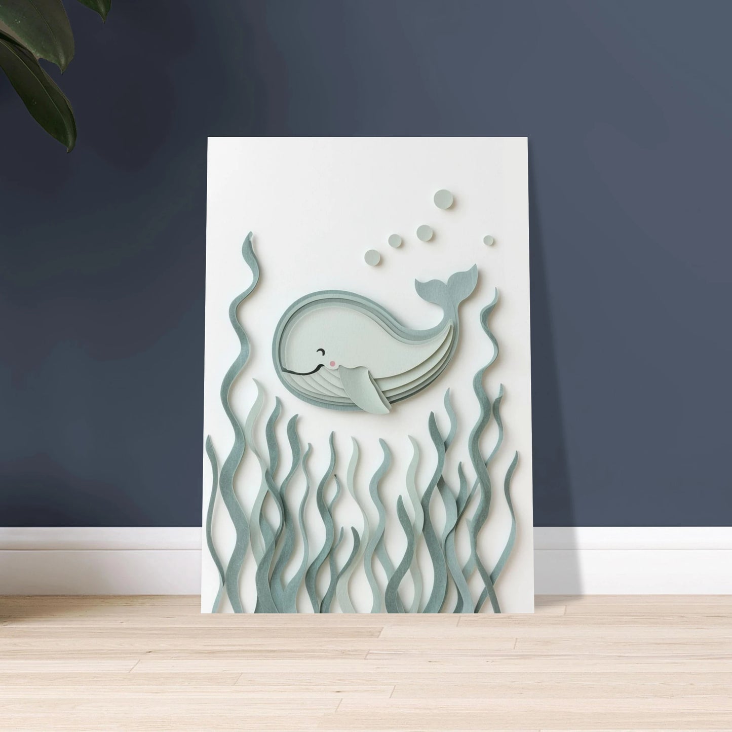 Lekfull val i pappersklipp, simmande bland sjögräs och bubblor