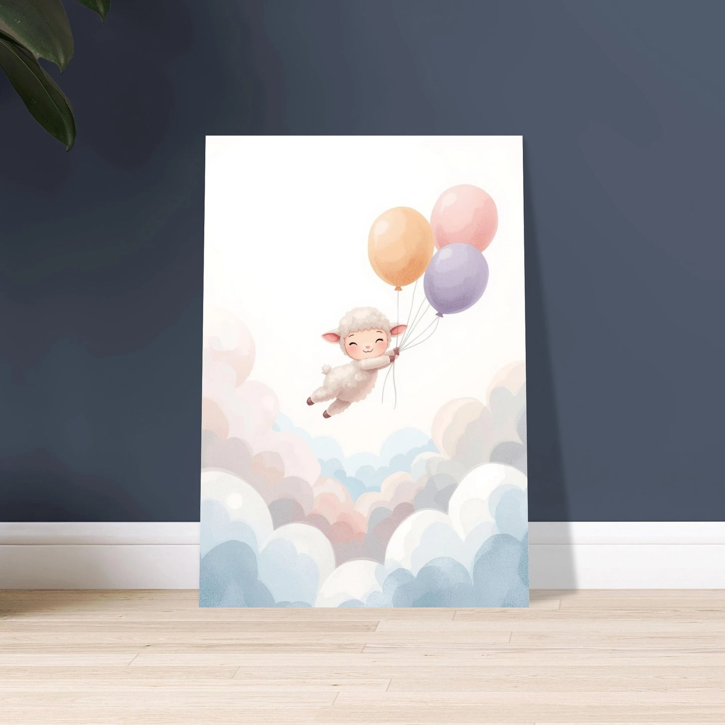 Litet lamm svävar med ballonger bland moln, drömsk illustration