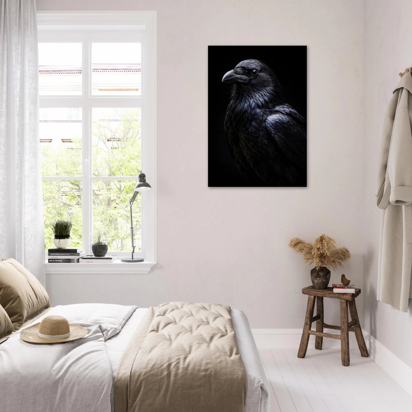 Inramad bild av korp på en vägg i ett sovrum med säng, fönster och minimalistisk inredning – Fotorealistisk poster