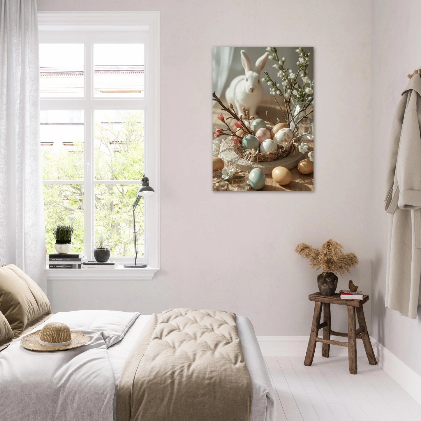 Inredningsbild med en påskhare och ägg poster hängandes i ett sovrum – Fotorealistisk poster