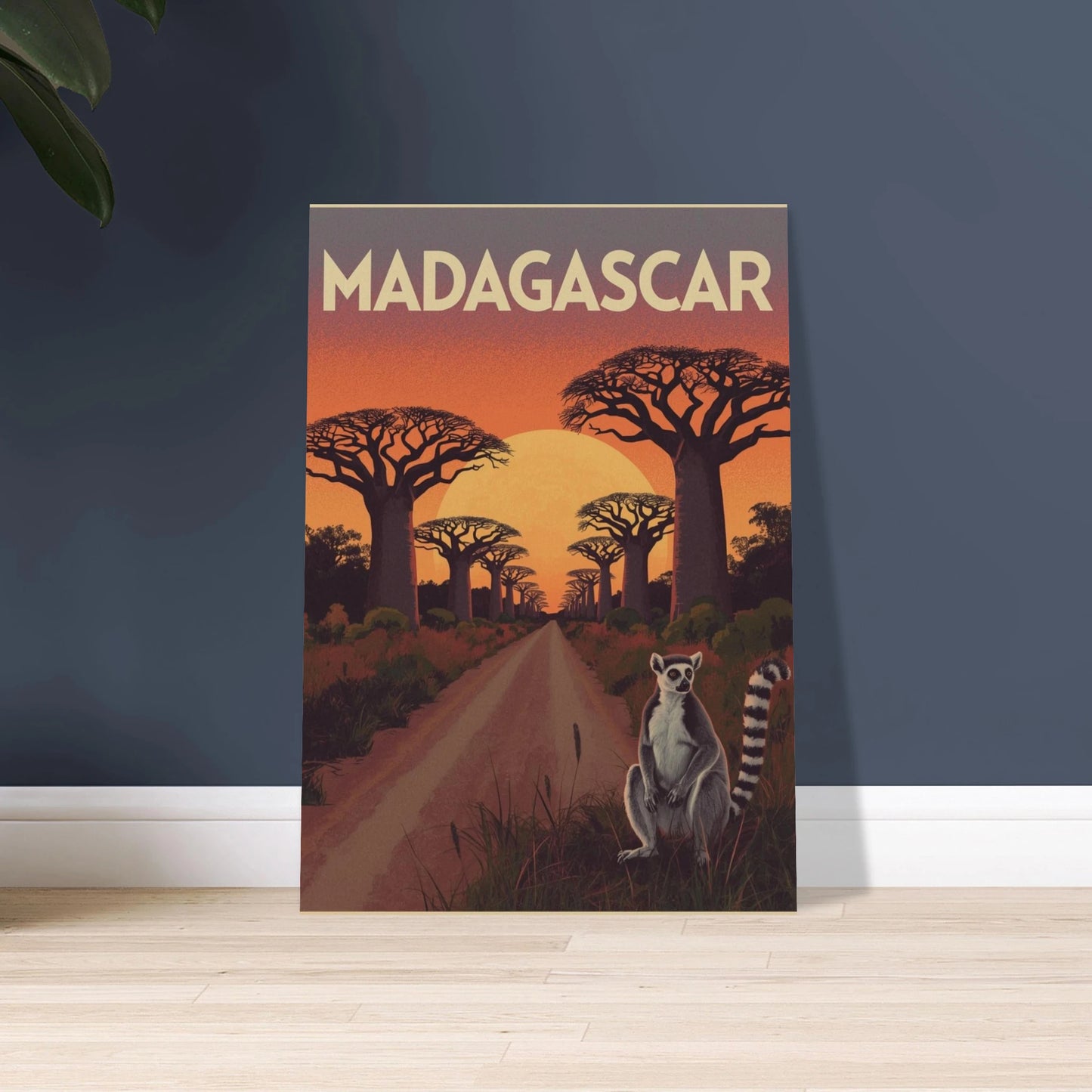 Ringstjärtad lemur i Madagaskars solnedgång med baobabträd, vintage poster.