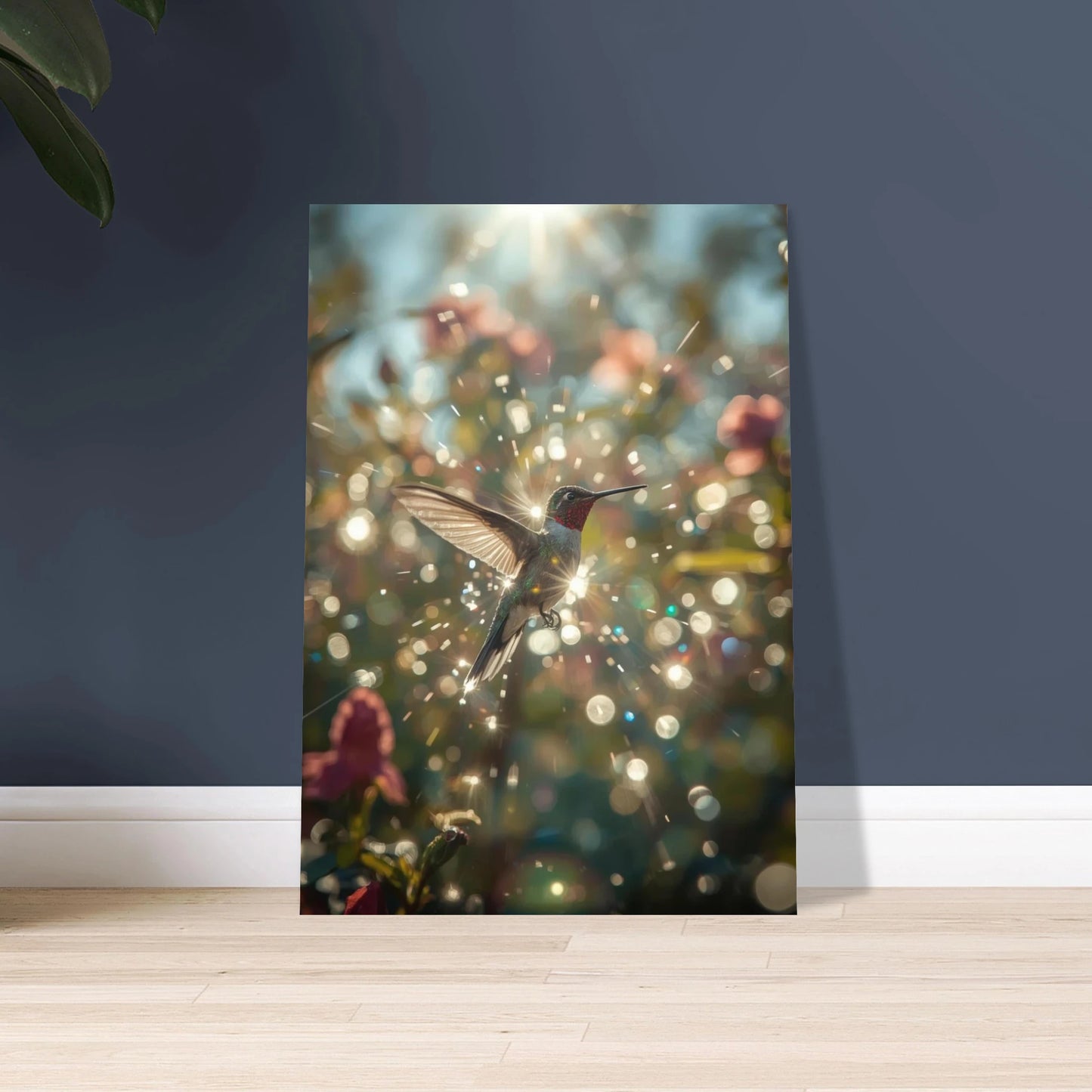 Kolibri i solljus, skimrande och magisk med bokeh-effekt.