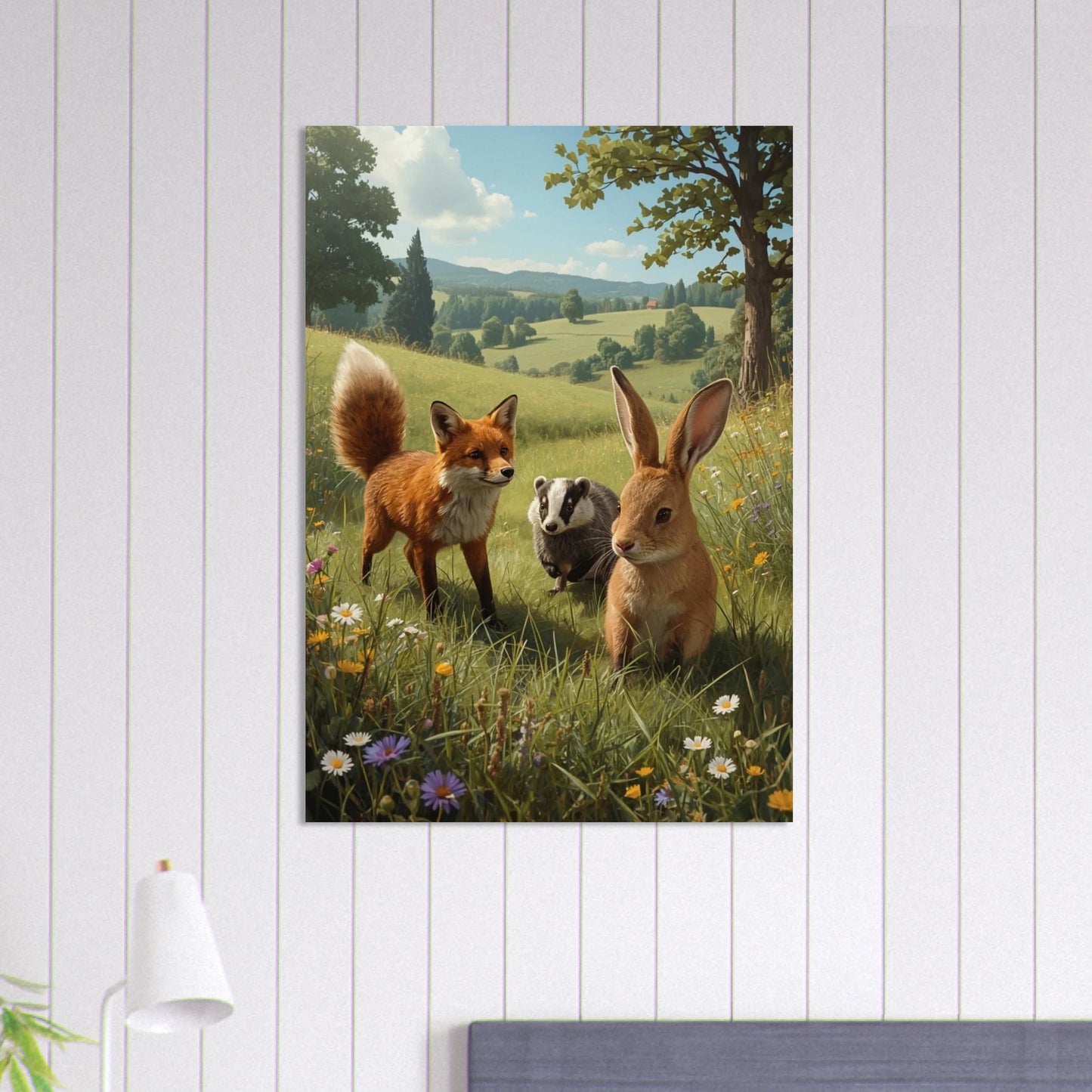 Målad poster på en vägg föreställande en kanin, räv och grävling i somrigt landskap. – Målad poster