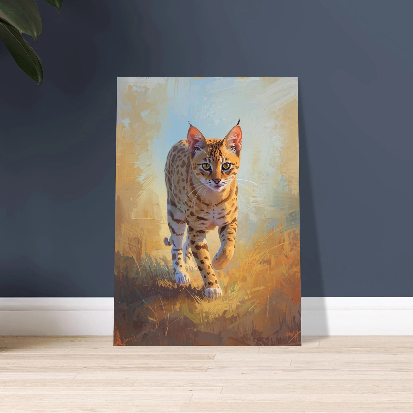 Serval i savannlandskap, målad med livfulla färger och dynamisk penselföring.
