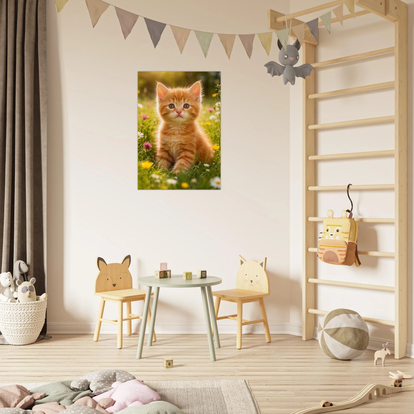 Katt poster i barnrum med orange kattunge i sommarfält – Fotorealistisk poster