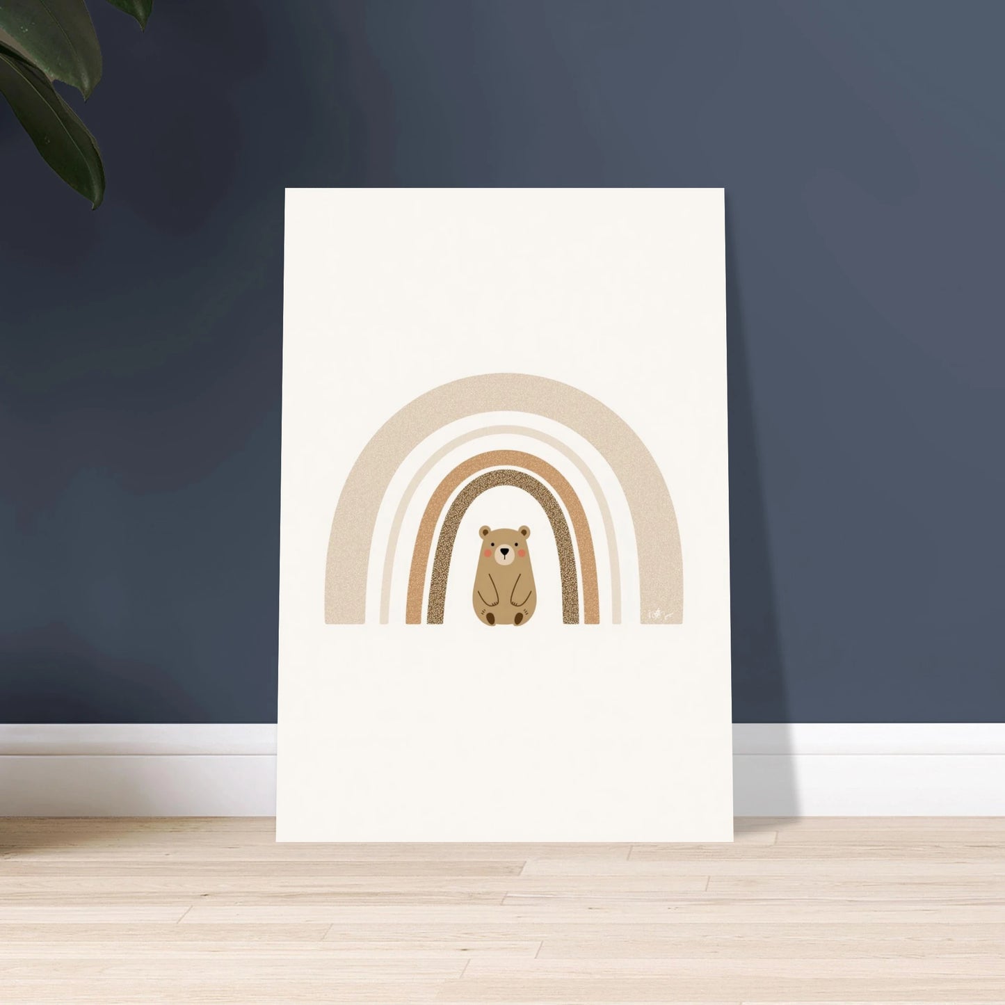 Söt björn under regnbåge i minimalistisk skandinavisk stil.
