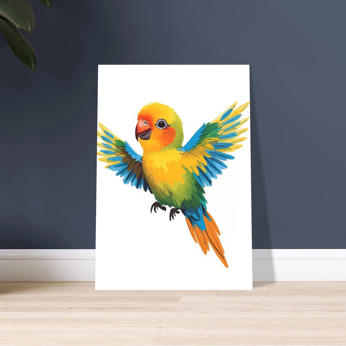 Lekfull papegoja i gouache-stil, färgstark och glad