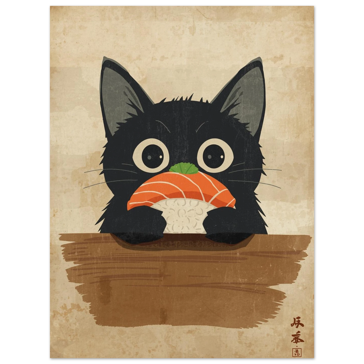 Översiktsbild av tecknad svart katt med sushi, fokuserar på den bruna bakgrundsplankan – Tecknad poster
