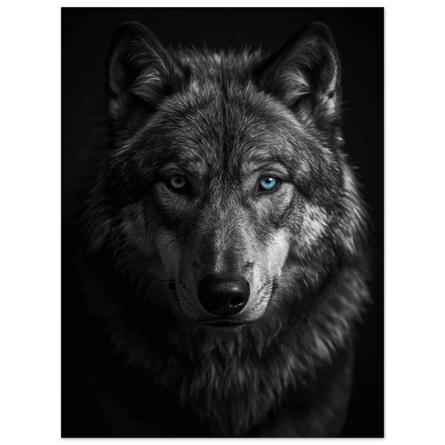 Närbild på en starkt svartvit vargs ansikte med ett gult och ett blått öga – fotorealistisk poster