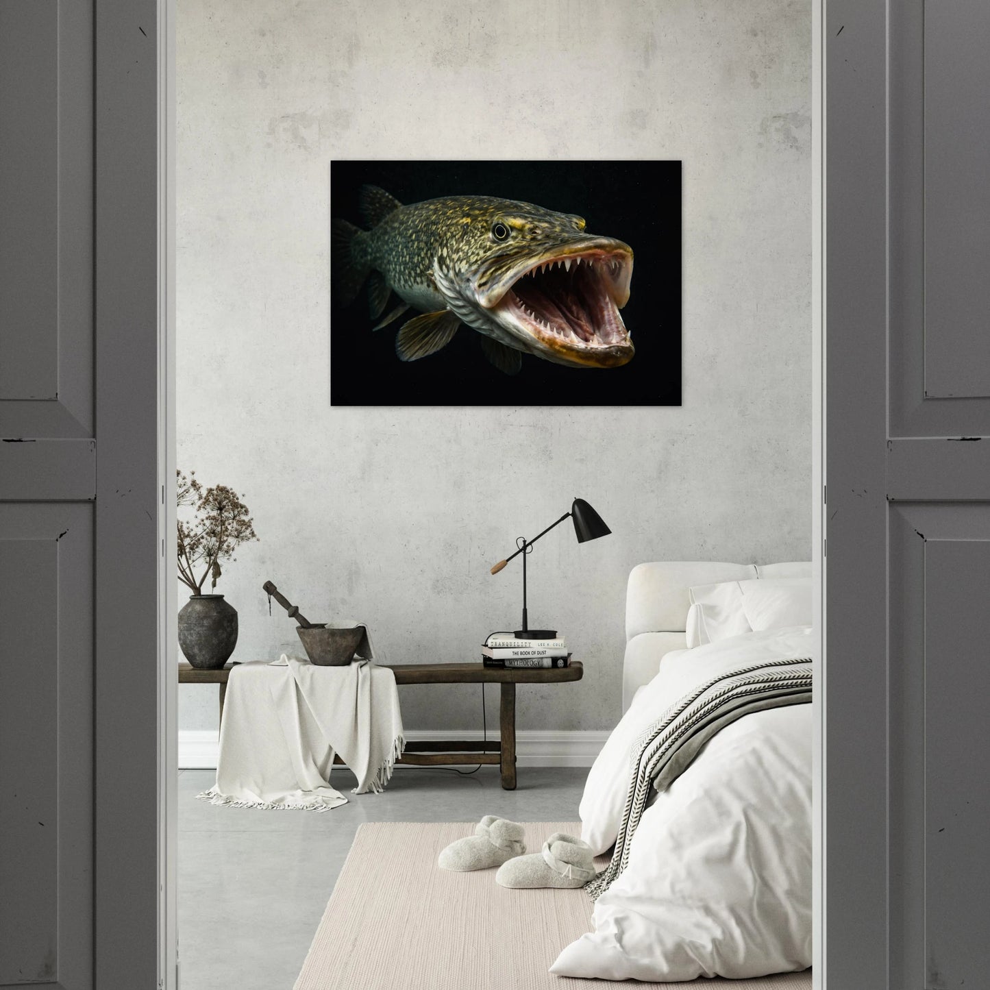 Gäddposter med öppet gap på väggen ovanför en säng i ett sovrum – Fotorealistisk poster