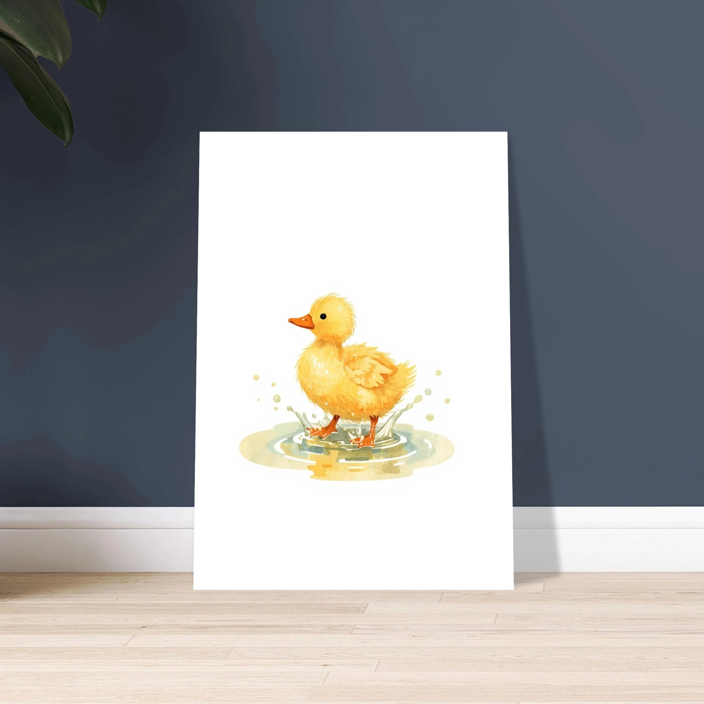 Ankunge som plaskar i vatten, lekfull och söt akvarellillustration