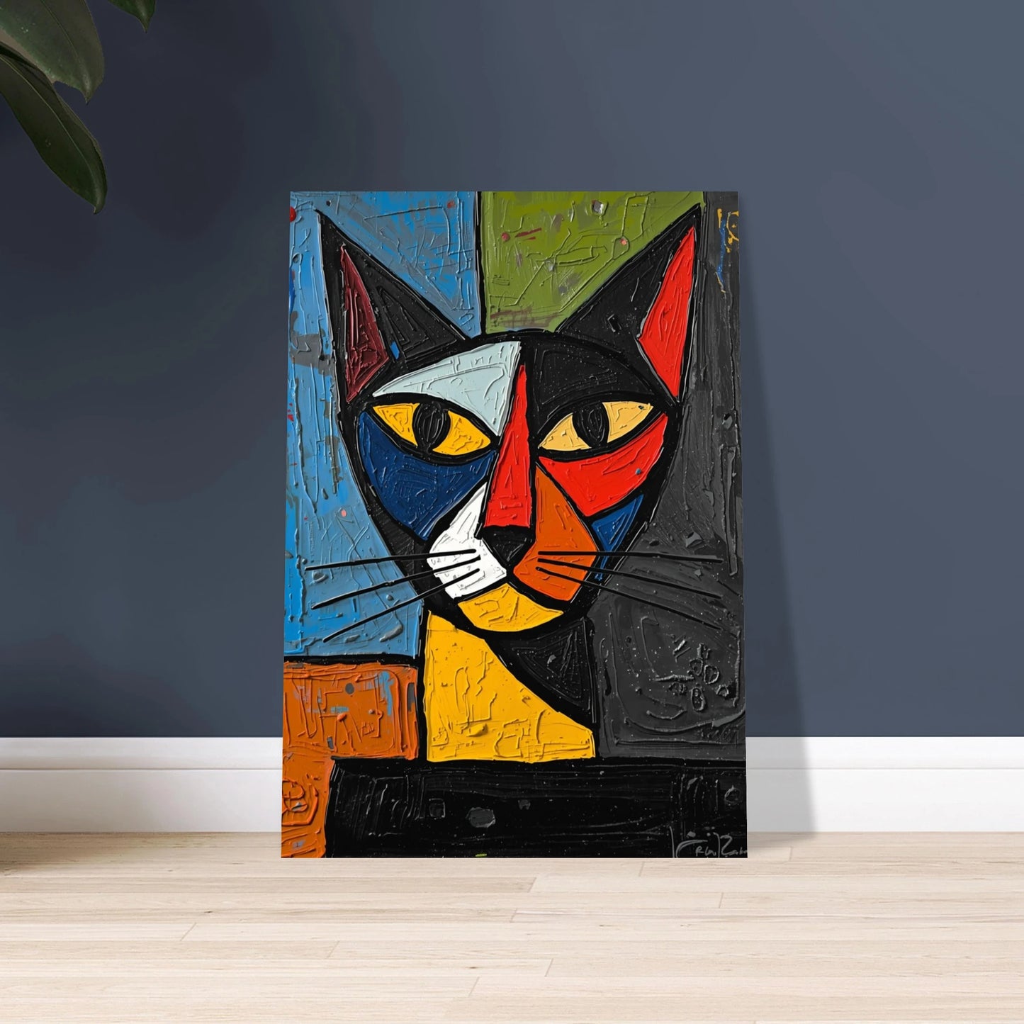 Kubistisk katt i Picassoinspirerad stil, färgstark och abstrakt konst.