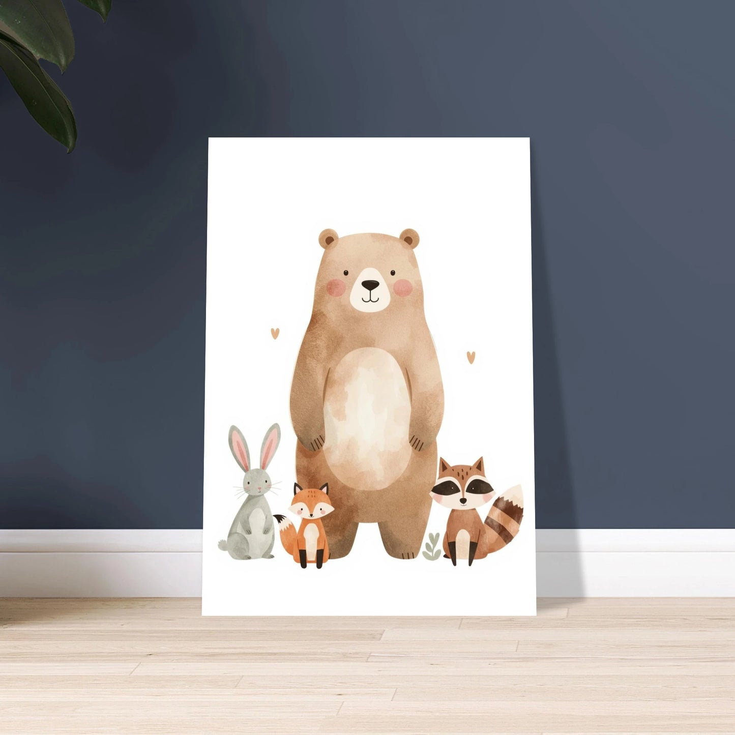 Vänliga skogsdjur i akvarell: björn, kanin, räv, tvättbjörn, mjuk illustration.