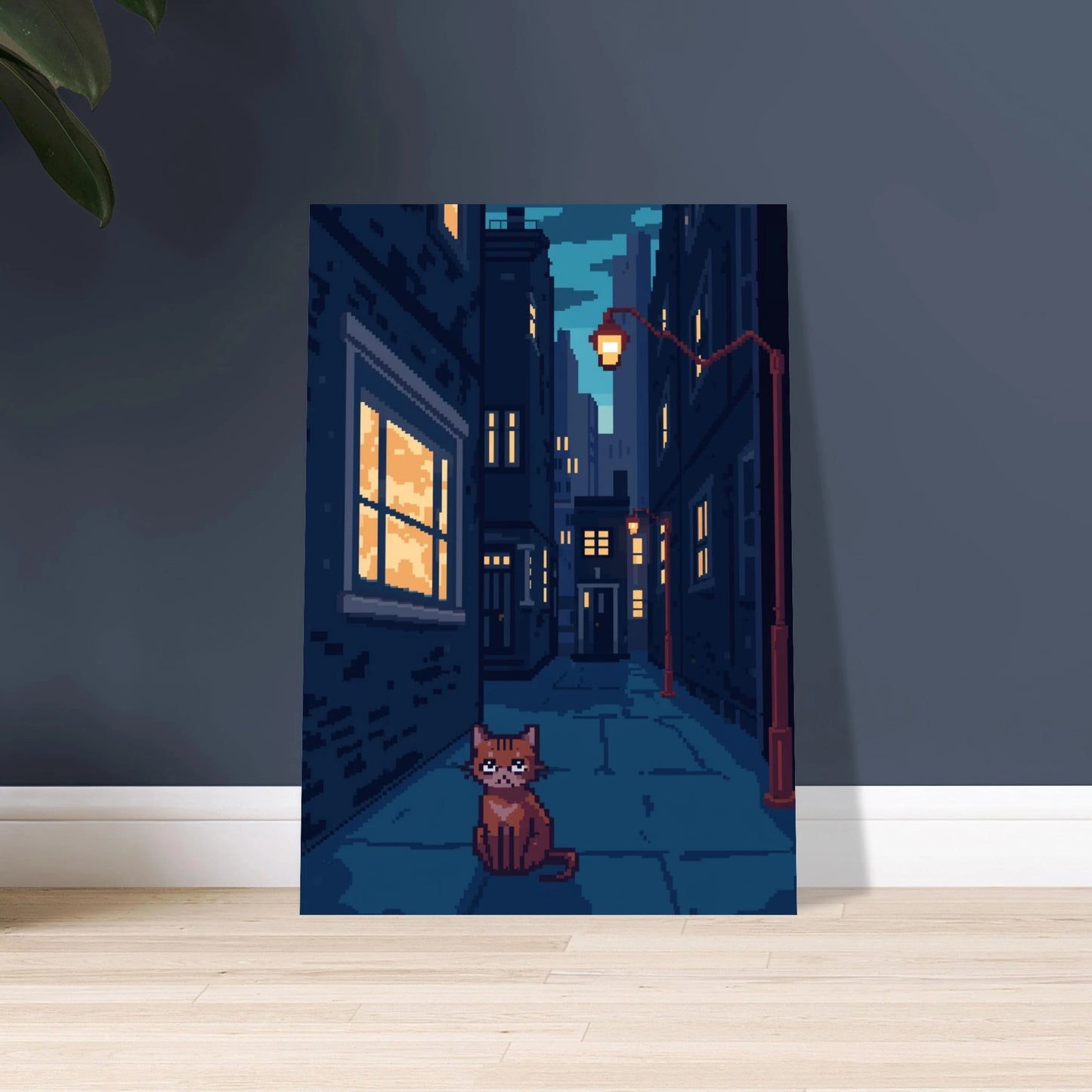 Pixelkonstkatt i mörk gränd med lysande fönster, mysig stämning.
