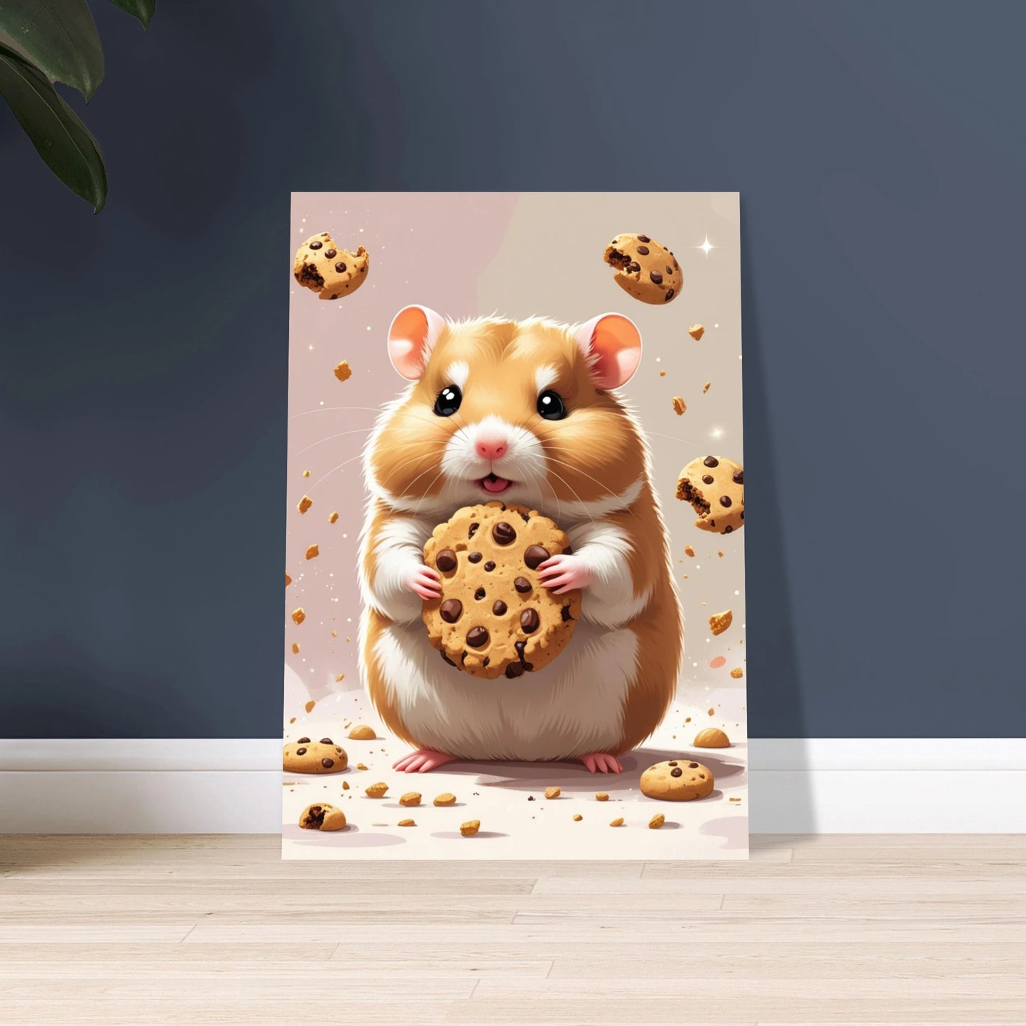 Söt hamster med stora ögon håller en gigantisk chokladkaka