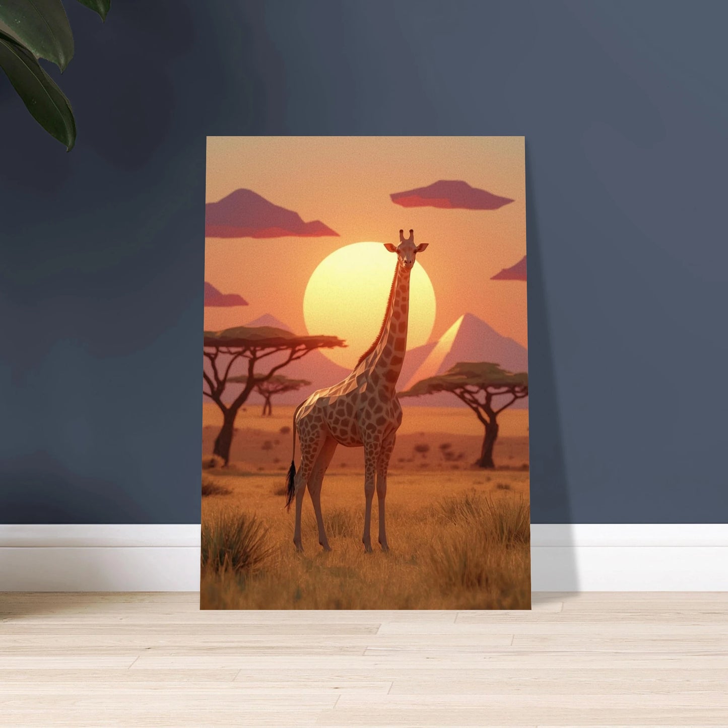 Low-poly giraff i solnedgång på savannen, lugn stämning