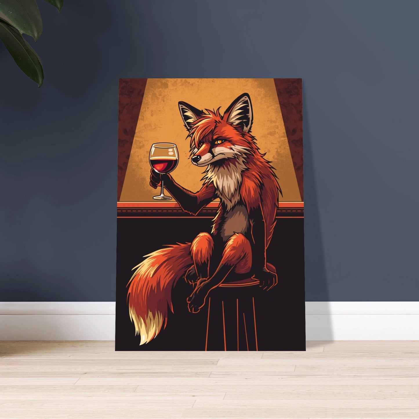 Stiliserad räv med rött vin i en bar, konstnärlig illustration.