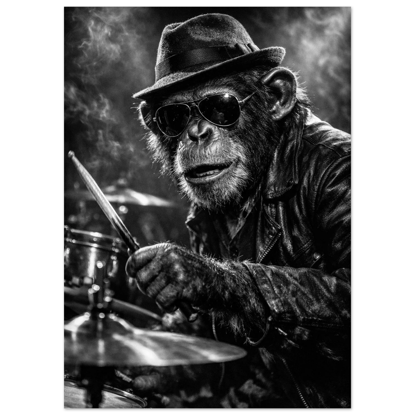 Närbild på apa med trumpinnar i en rökig jazzstudio – Fotorealistisk poster