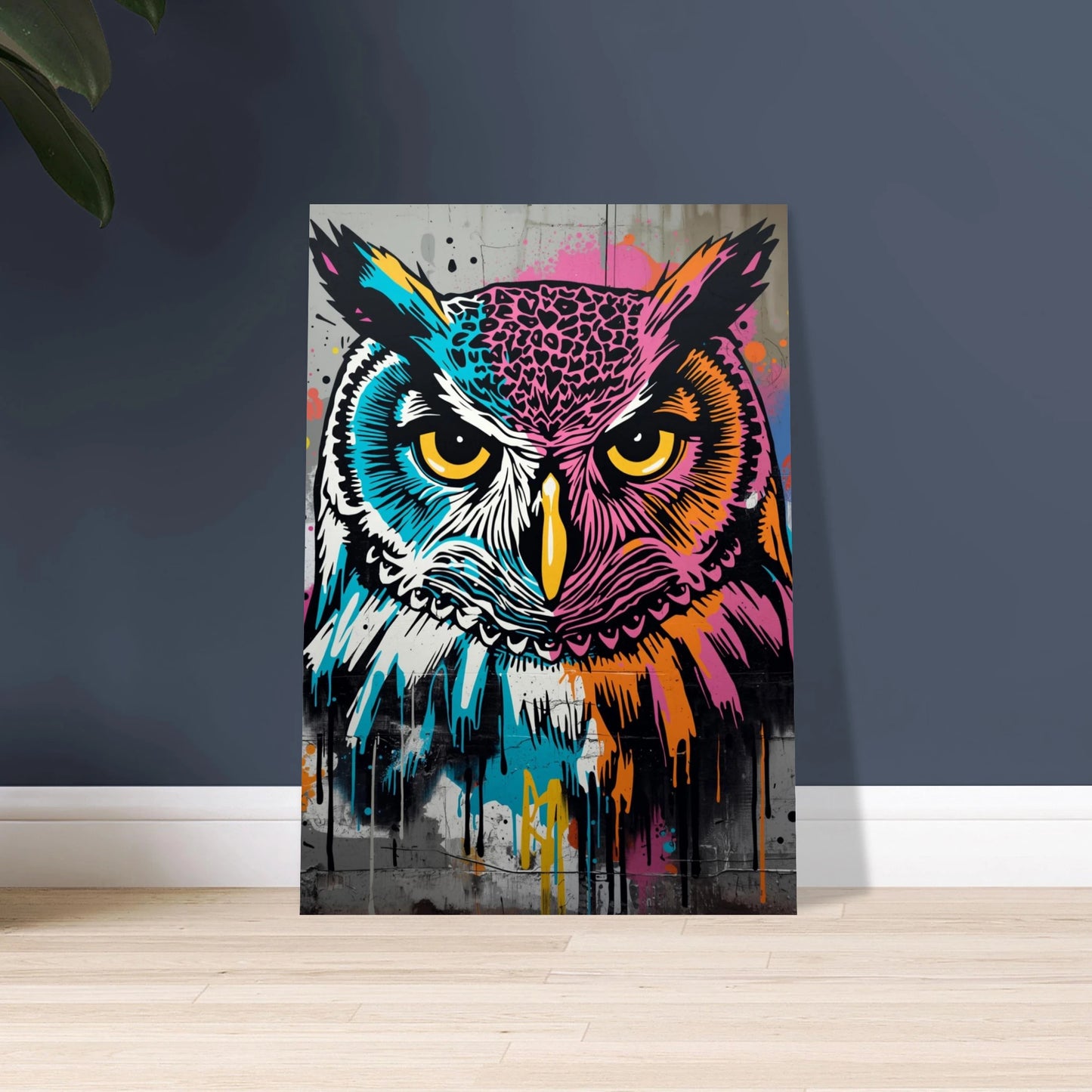 Stiliserad uggla i graffiti-popart med intensiva ögon