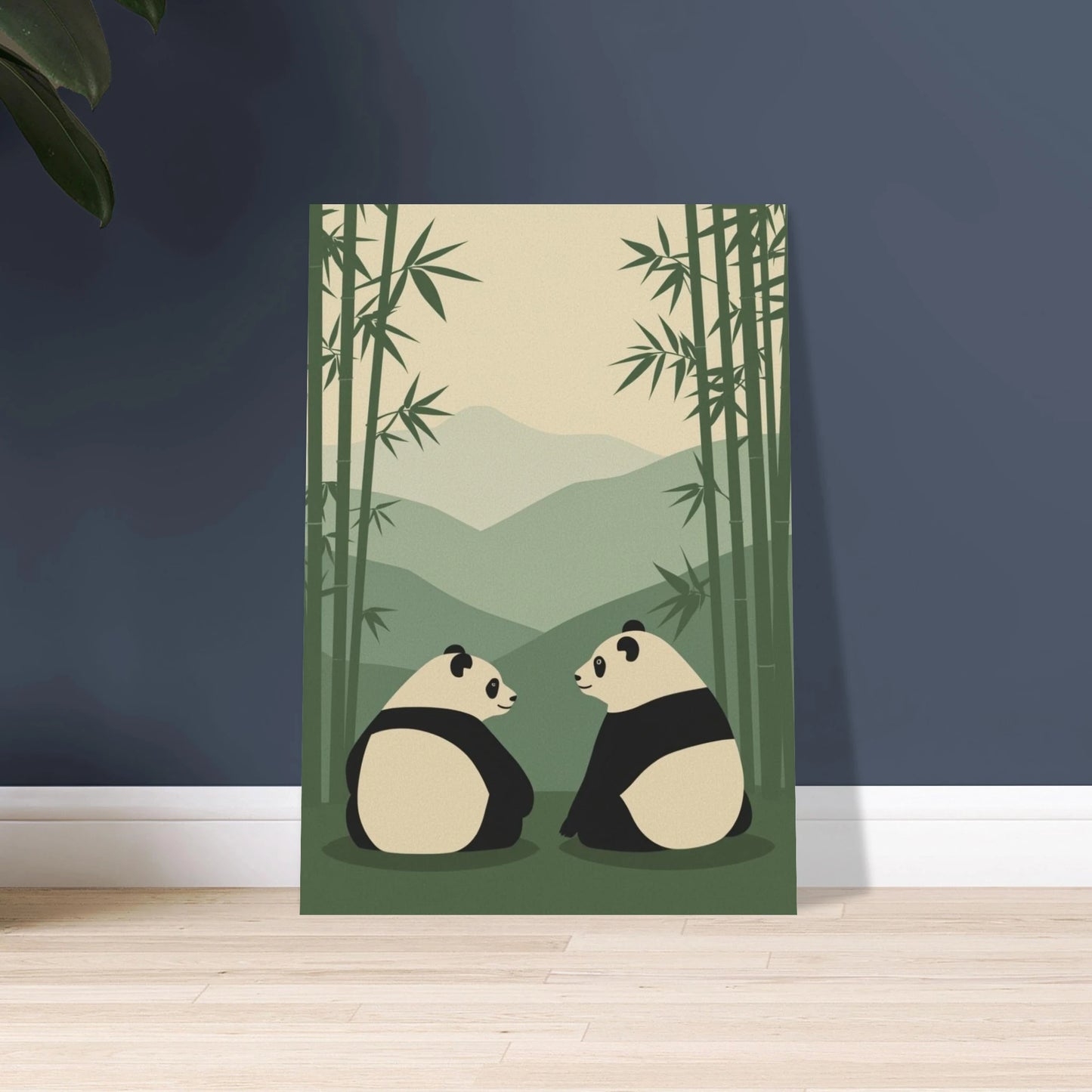 Två pandor i minimalistisk retrostil, omgivna av bambu och berg.