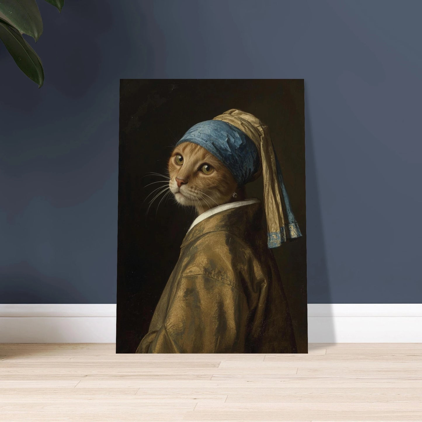 Katt i klassisk oljemålning med turban och pärlörhänge