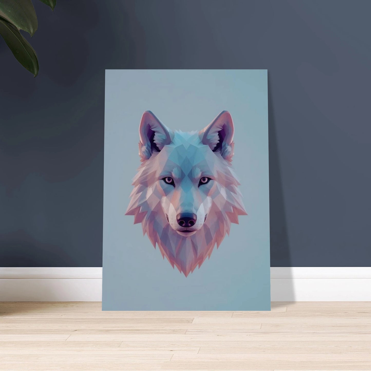 Lowpoly 3D-varg i geometrisk stil med lugna färger