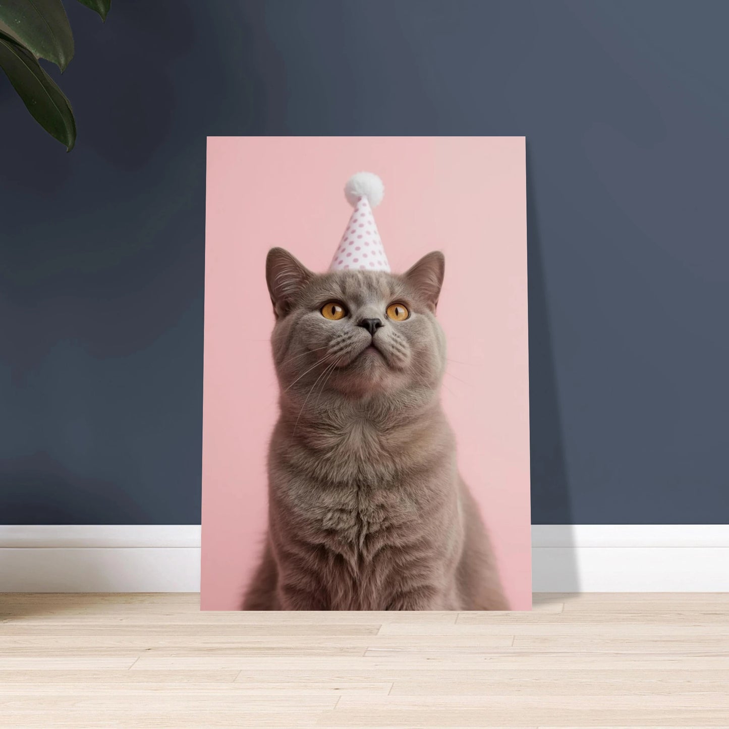 Grå katt i festhatt mot rosa bakgrund, lekfullt motiv