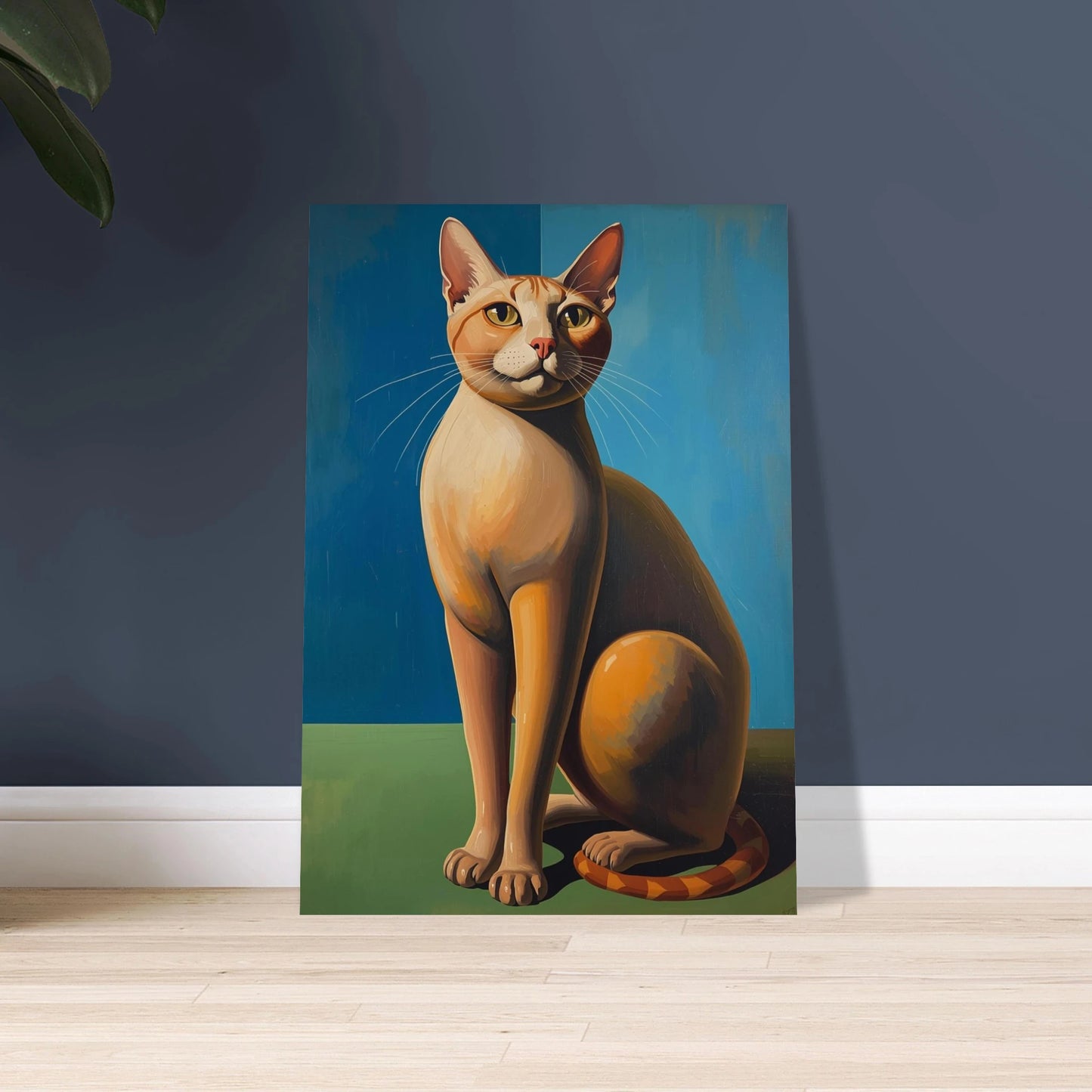 Stiliserad katt i modernistisk surrealistisk stil, intensiv blick