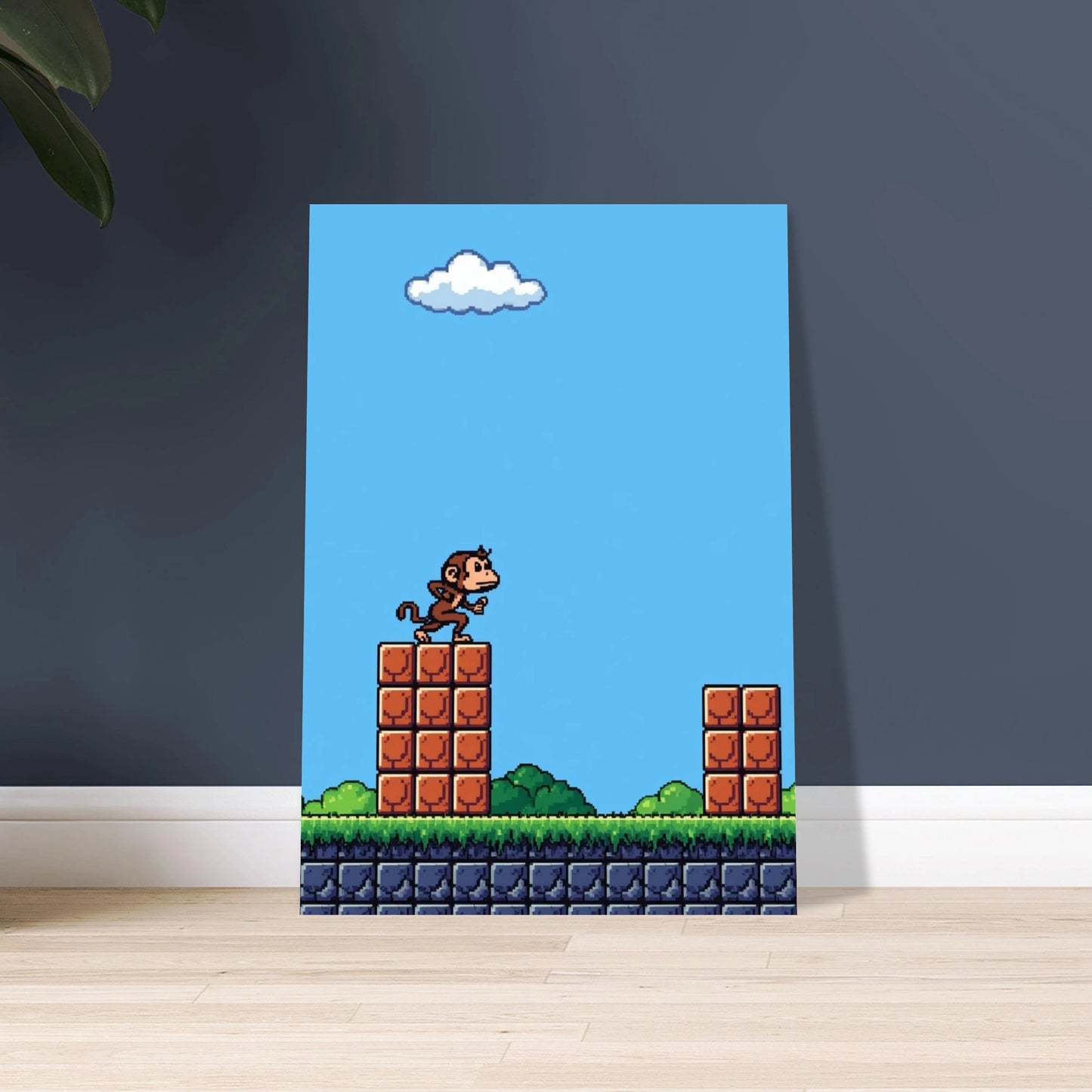 Lekfull pixelapa i 8-bitars plattformsspel, retrokänsla