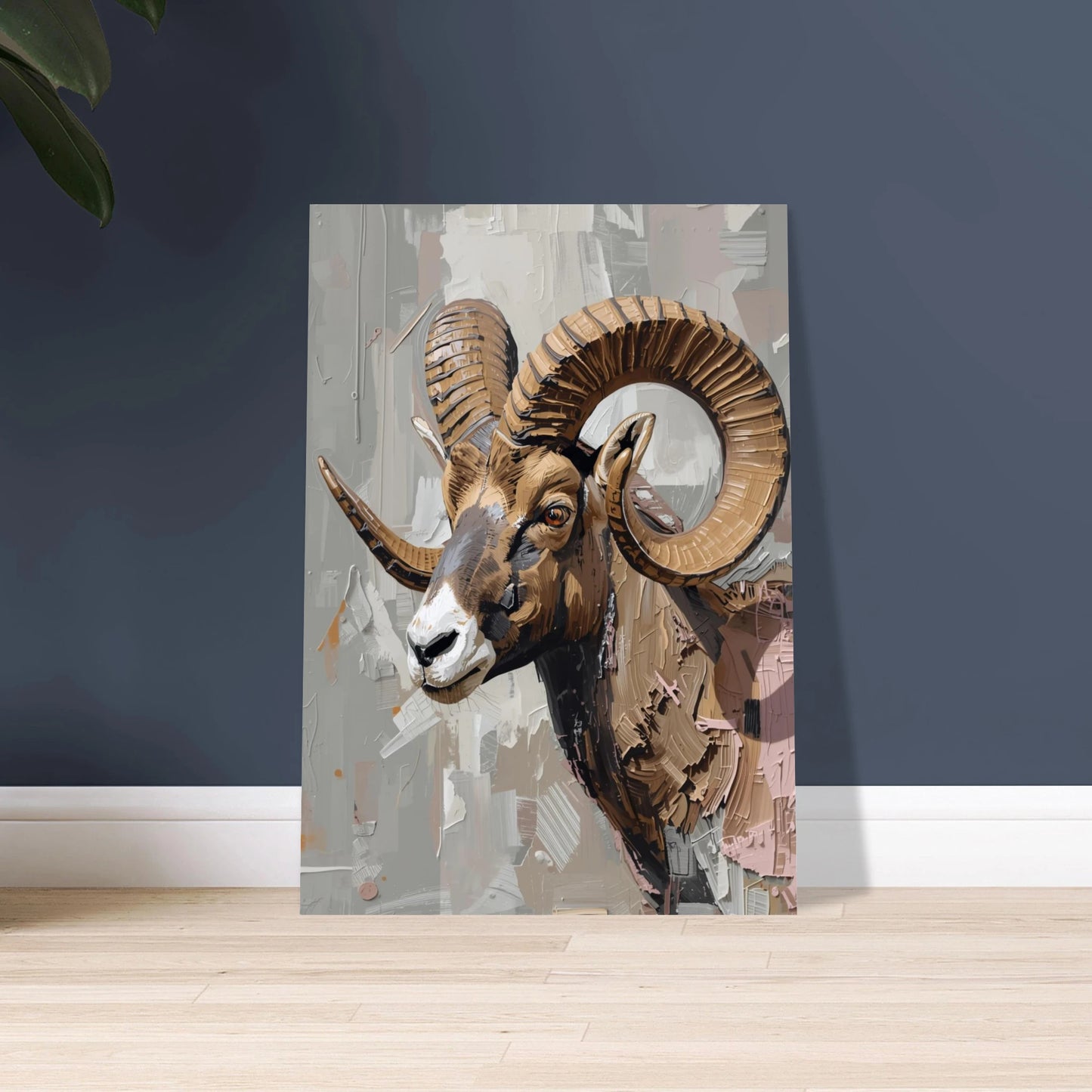 Majestätisk vädur med stora horn i impasto oljemålning stil.