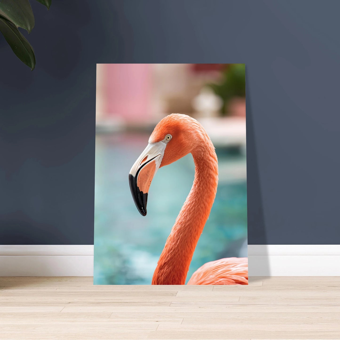Flamingohuvud i skarp fokus, elegant och lugn stämning