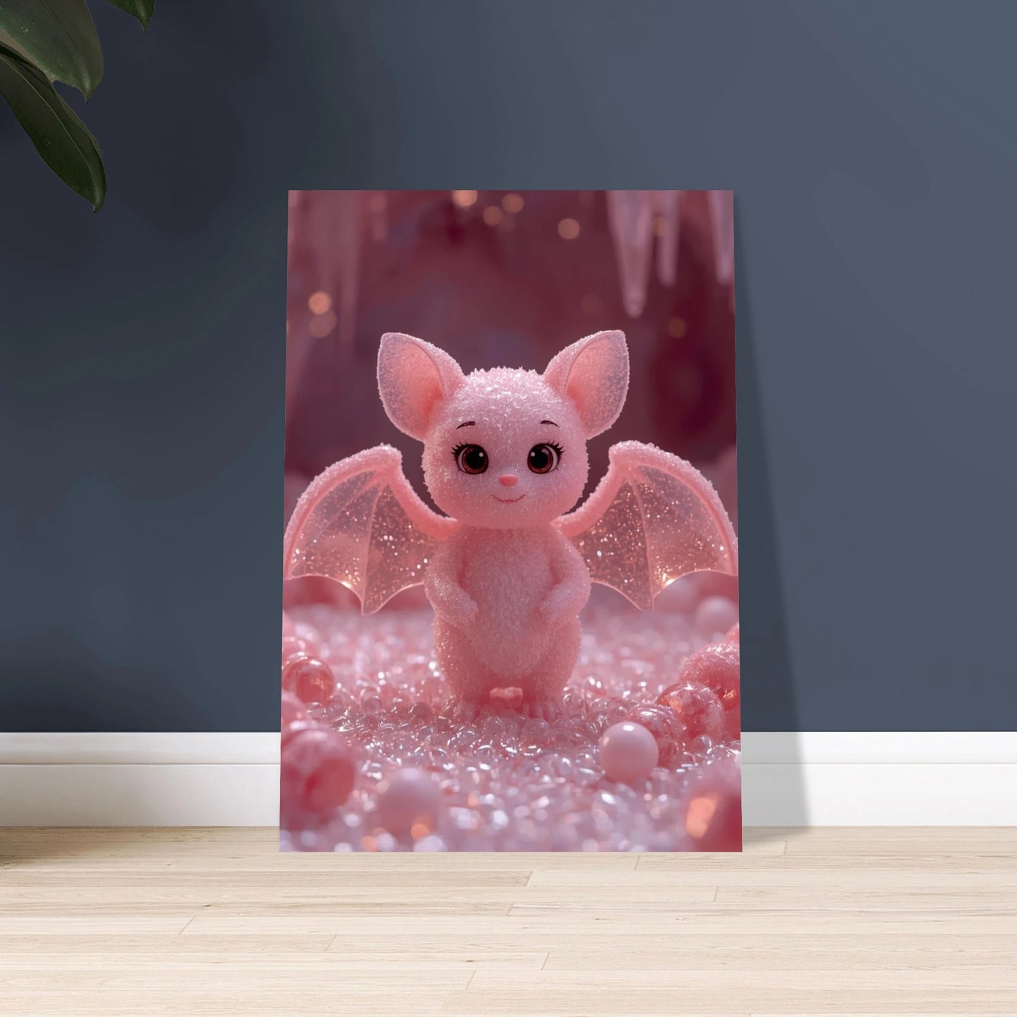 Sockersöt rosa fladdermus med glittrande vingar bland bubblor