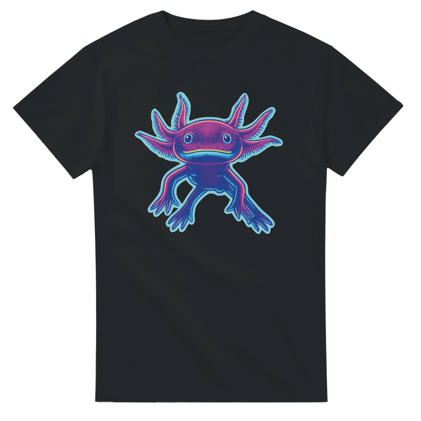 Grafisk illustration av en leende axolotl i neonfärger – retro t-shirt