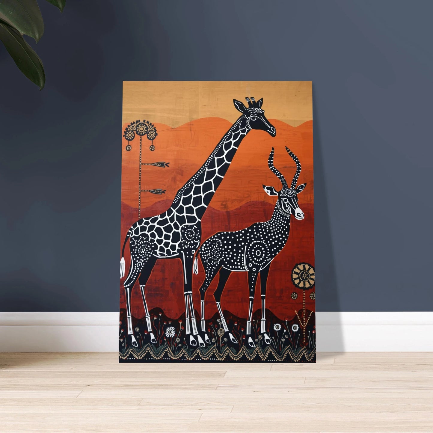 Afrikanskt inspirerat djurmotiv med giraff och antilop i tribal stil