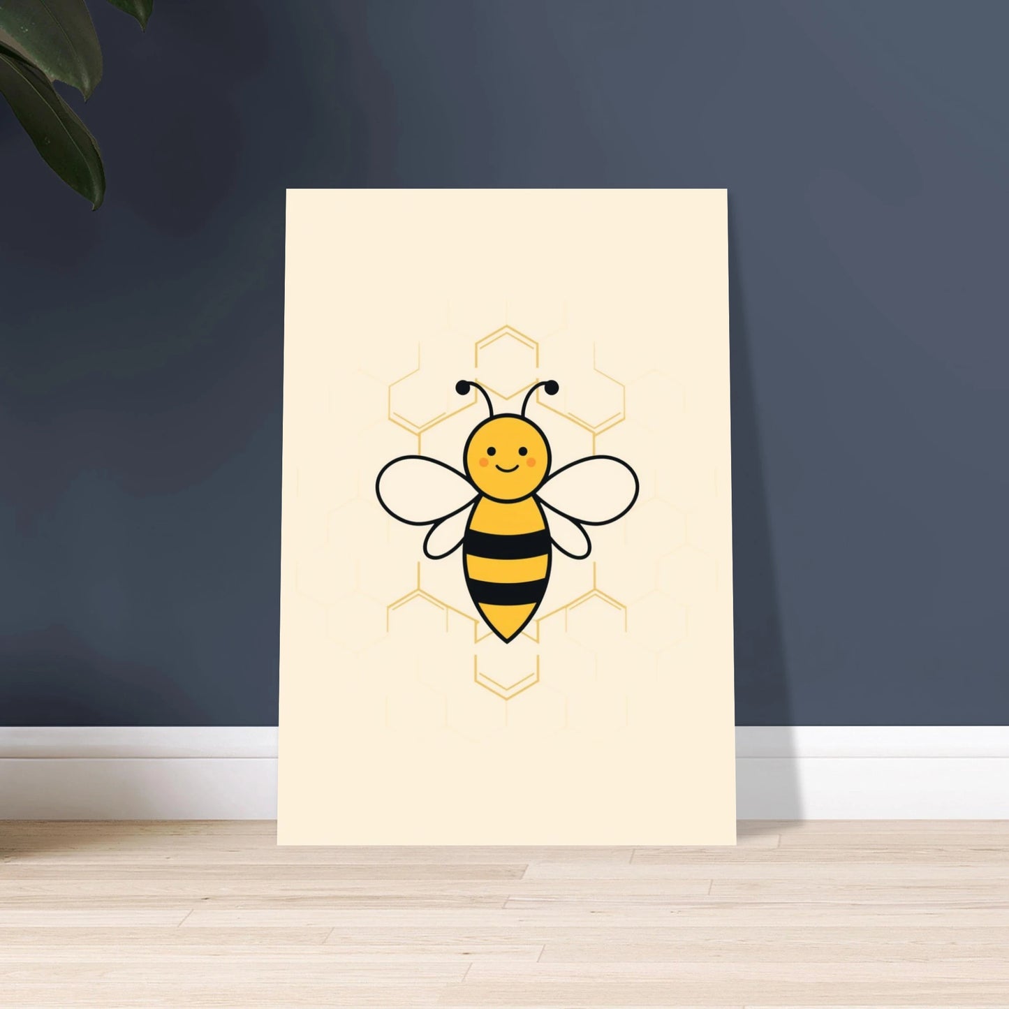 Gulligt bi med glatt ansikte och hexagonmönster i bakgrunden, minimalistisk design.