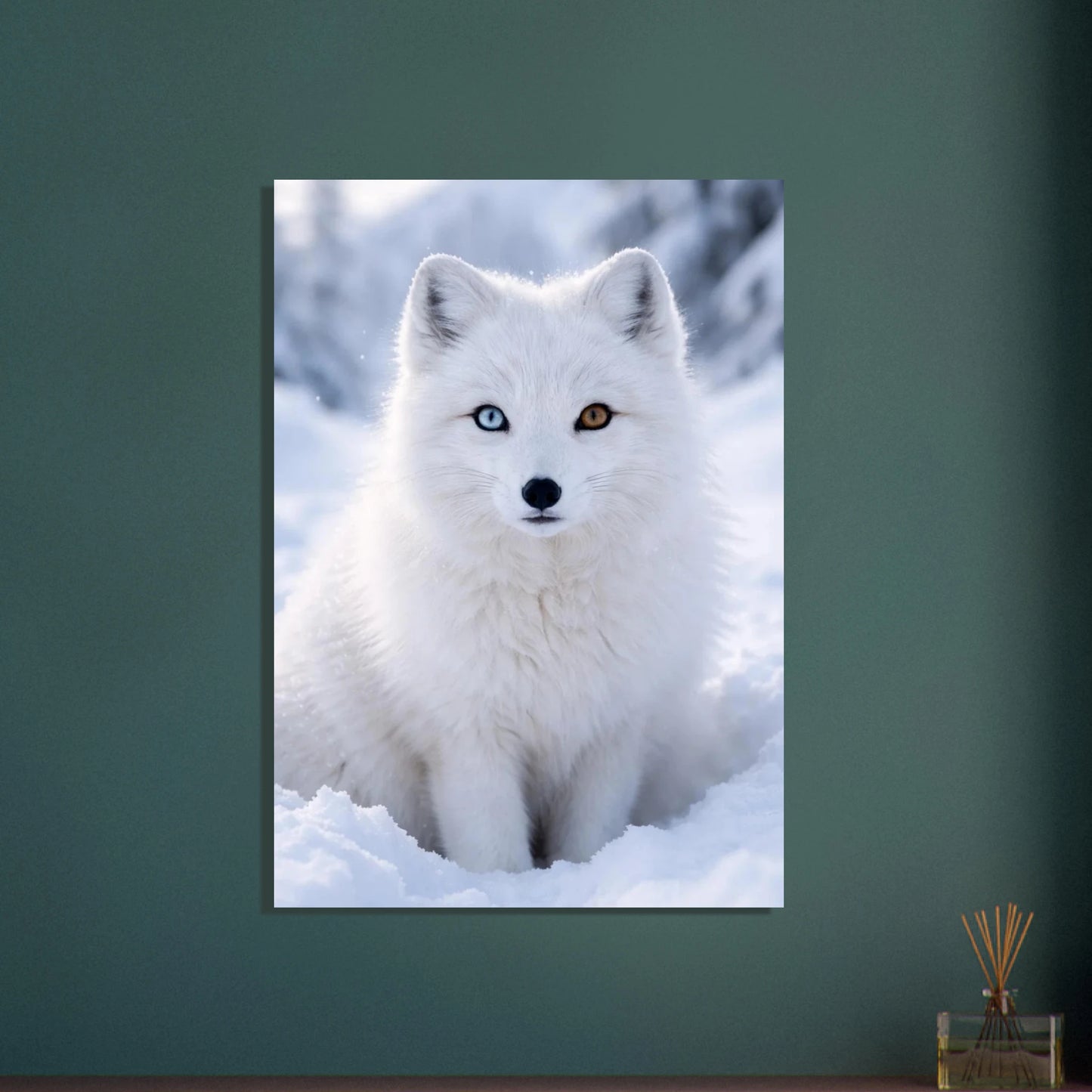 Fjällrävens ansikte med olikfärgade ögon i vitt vinterljus – Fotorealistisk poster