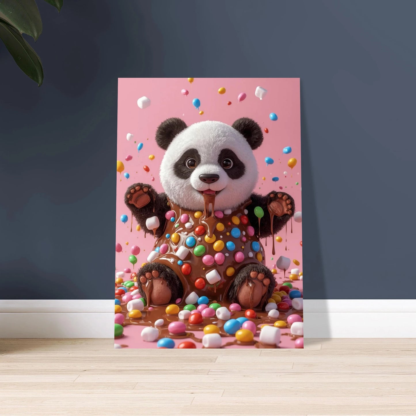Söt panda täckt av choklad och färgglatt godis, lekfull stämning