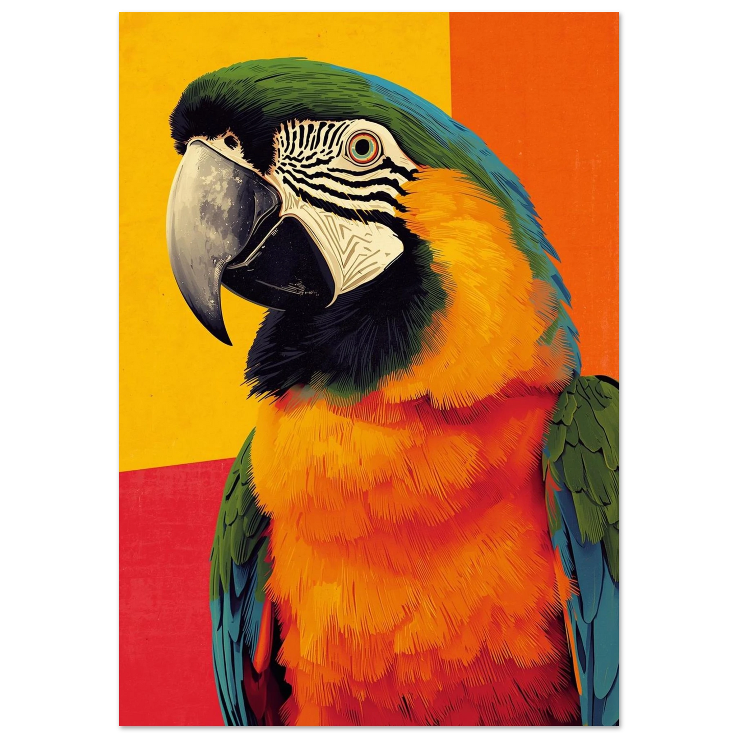 Närbild på en färgstark ara mot en grafisk bakgrund – Retro poster