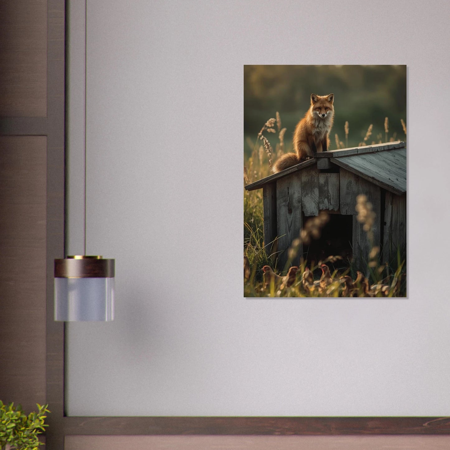Utsnitt av rävposter med hönshus på vägg i modernt rum – Fotorealistisk poster