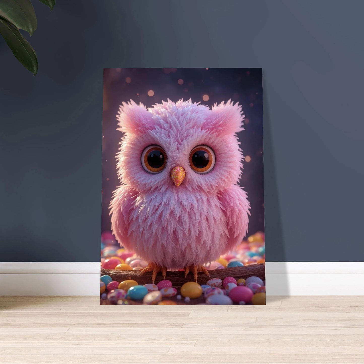 Sockersöt rosa uggla med stora ögon, omgiven av färgglatt godis.