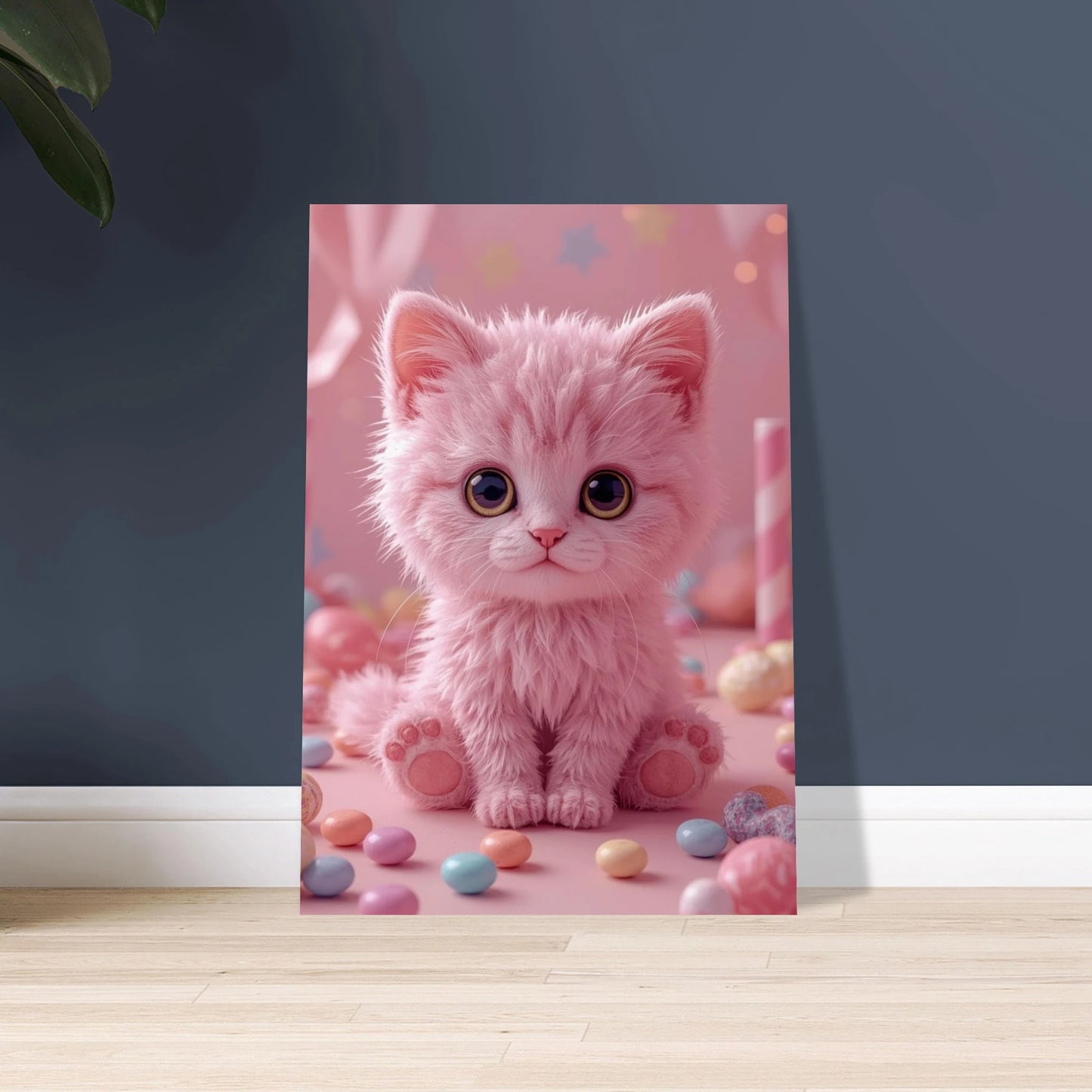 Rosa fluffig kattunge med stora ögon omgiven av godis
