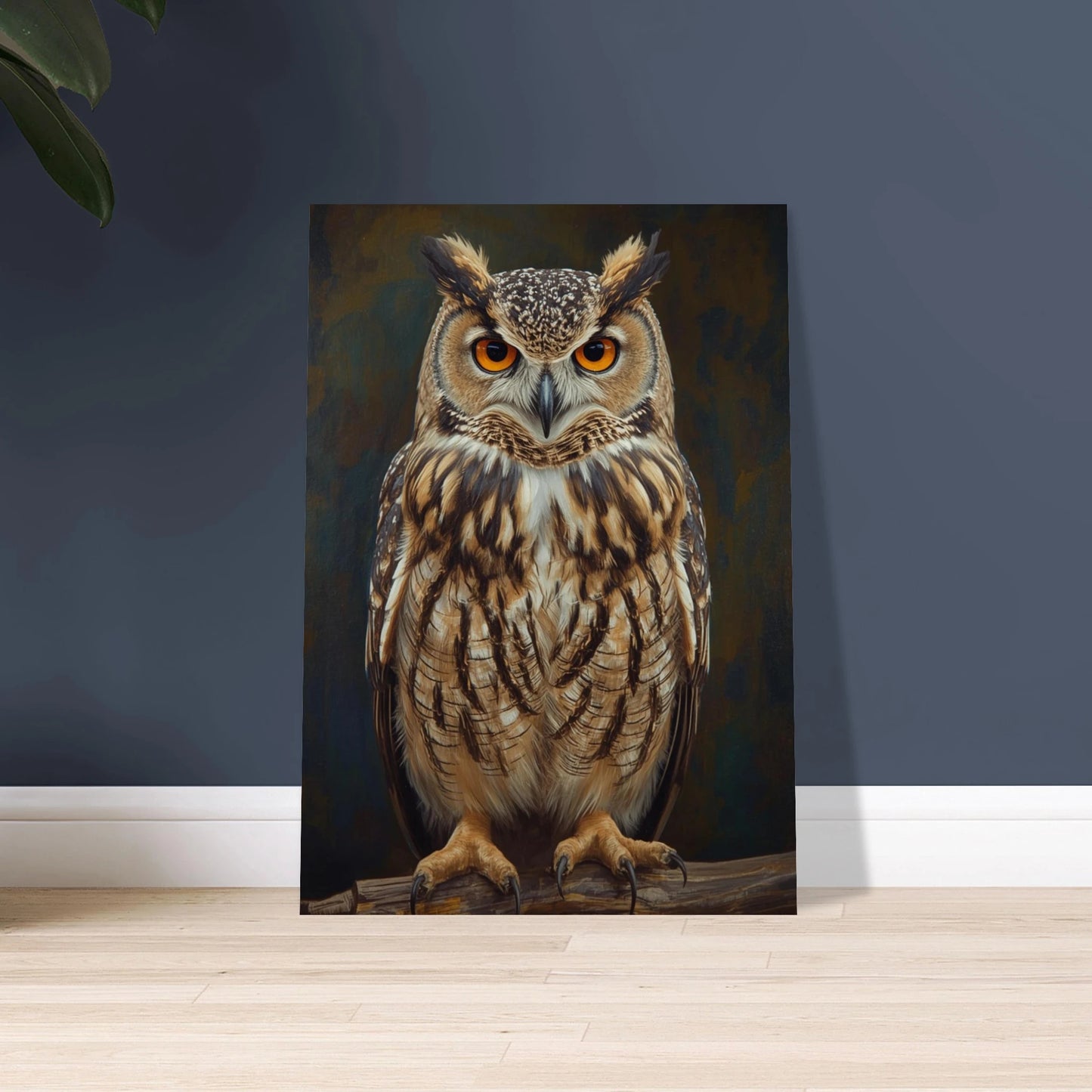 Majestätisk uggla med intensiva orange ögon på en gren