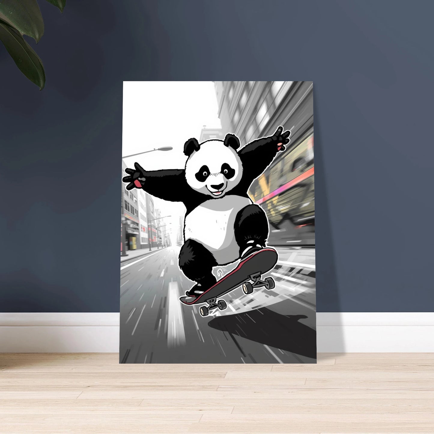 Panda i urban miljö, lekfullt och dynamiskt djurmotiv