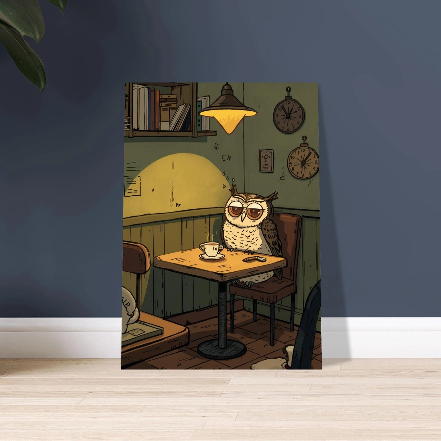 Uggla med glasögon sitter vid bord med kaffe i mysig miljö