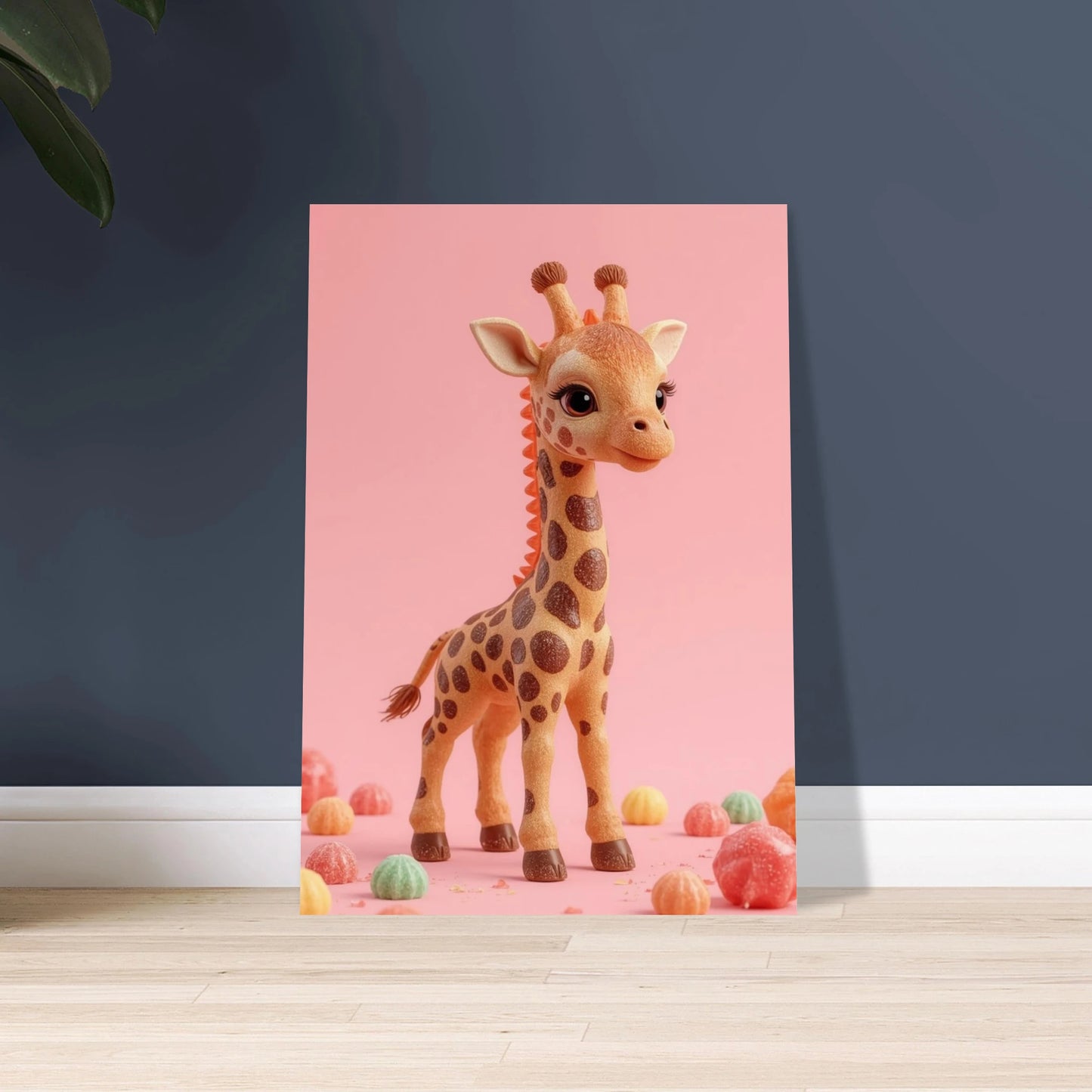 Söt giraff av karamell och godis på rosa bakgrund