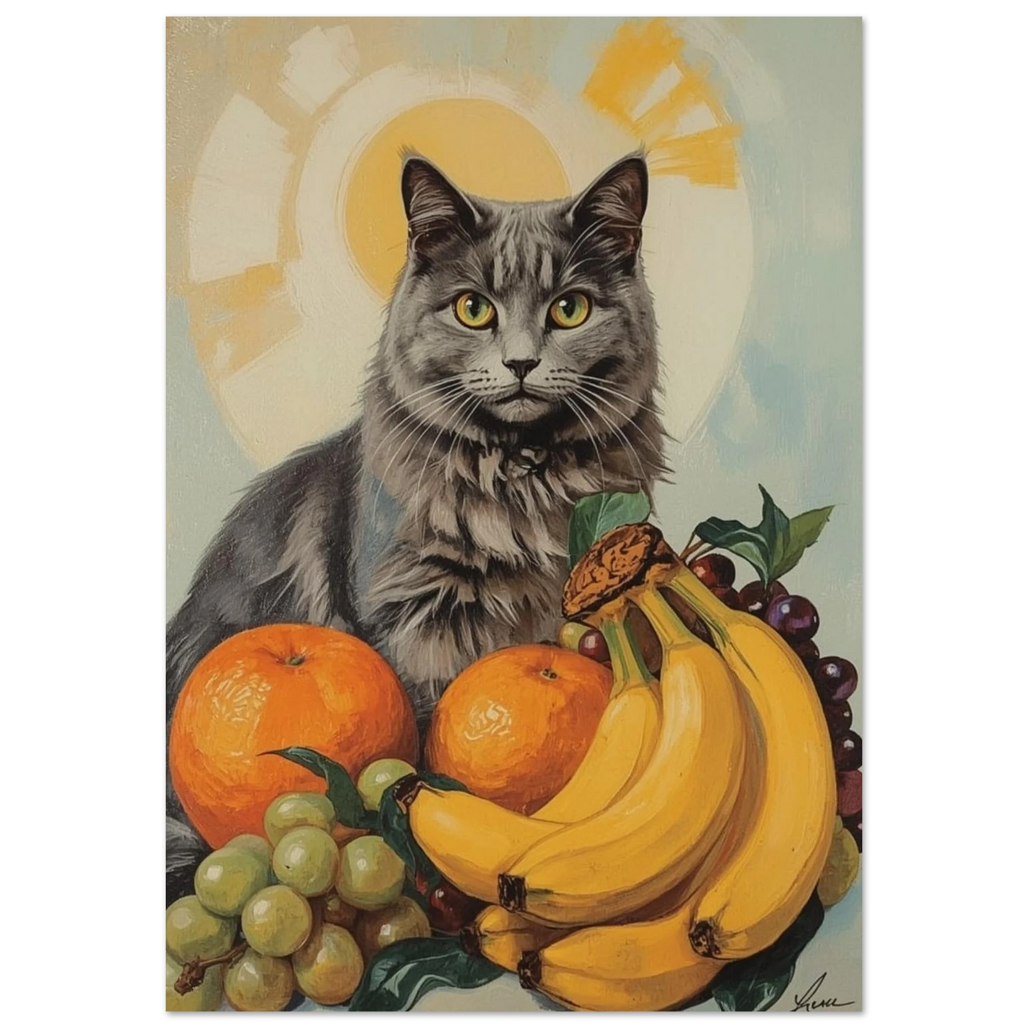Grå långhårig katt med stilleben av bananer och apelsiner – Retro poster