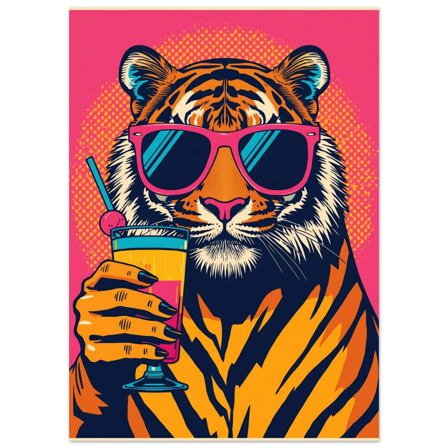 Färgstark tigerposter i retrostil med solglasögon och en gul drink