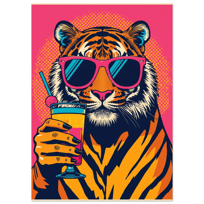 Färgstark tigerposter i retrostil med solglasögon och en gul drink
